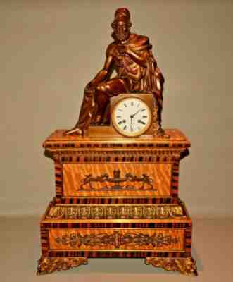 Antique Original Bronze Ancient Warrior Statue Inlaid Ormolu Shelf Mantel Clock