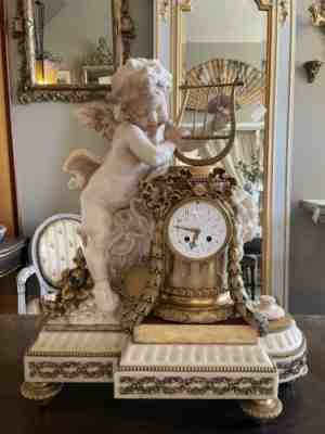 Antique French White Carrara Marble and Bronze Ormolu Mantle Clock