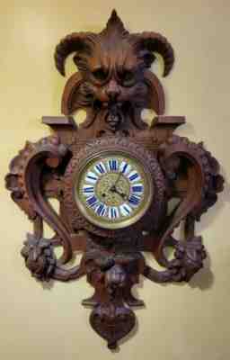 Large 40" Heavily Carved Walnut French Wall Clock w/ Lions Head - 19th Century
