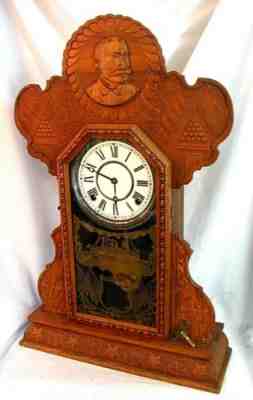 ADMIRAL DEWEY SHELF CLOCK *INGRAHAM* OAK PORTRAIT CANNON FLAGS ANCHORS c.1900