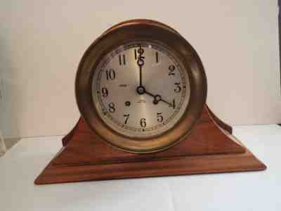 Brass Chelsea Ship's Bell Clock W/Original Wood Stand 6 Inch Dial
