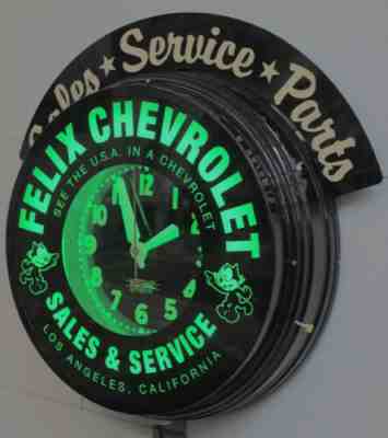 Felix Chevrolet Huge 22" neon Clock By Curtis W/marquee