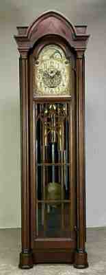 FINE GOTHIC REVIVAL CARVED MAHOGANY ANTIQUE TALL CLOCK MATH BAUERLE ST. GEORGEN.