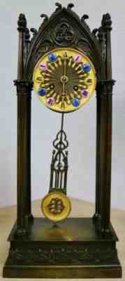 Antique French 8 Day Pierced Embossed Bronze Cathedral Portico Mantle Clock