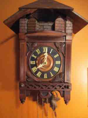 Circa 1880's Black Forest Automaton Clock Old Tin Car Moves in One Door Out Othe