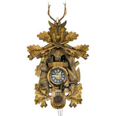 ANTIQUE LARGE GERMAN MUSICAL CUCKOO CLOCK DEER BIRD RABBIT GUNS WORKS 24â?