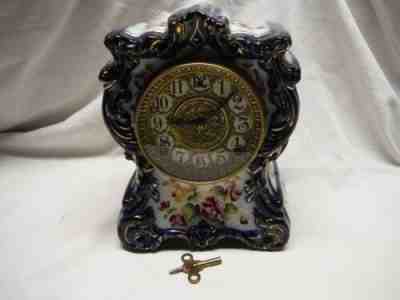 ANTIQUE GILBERT MANTLE PORCELAIN CLOCK COBALT BLUE #414 8 DAY TIME STRIKE