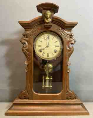 19thC Antique VICTORIAN Wood CARVED Figural GRIFFIN LION Statue MANTEL Old CLOCK