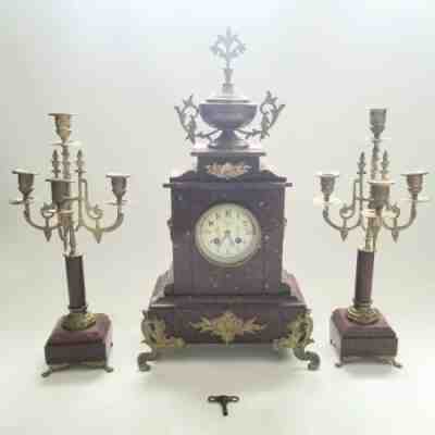 Antique Gregorian Era Ornate Mantle Clock Candleabras Set circa 1781 Coeur RARE