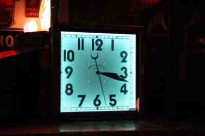 RARE 1950s CHICAGO NEON SALES CLOCK TEAL GLASS GAS OIL SERVICE GARAGE ENCO COKE
