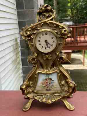 Vtg Mercedes Brass And Limoges Porcelain Mantle Clock. Germany.