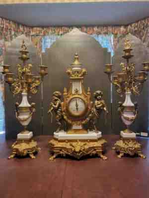 1970s Italian Empire Brevettato Mantle Clock with 2 Brevettato Candleabras