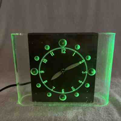 Vintage 1940's Lackner Curvilinear Neon Glo lighted clock Lucite Mahogany Rare!