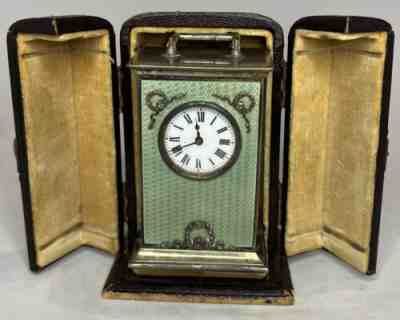 Carriage Clock 900 Silver Enamel Georg Adam Scheid Antique Original Case Rare