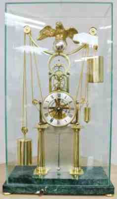Rare Vintage English Weight Driven Skeleton Clock With Thermometer & Glass Case