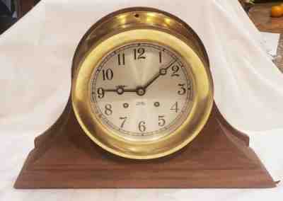 Vintage 1965 Brass Chelsea Ship's Bell Clock W/Original Wood Stand 6 Inch Dial
