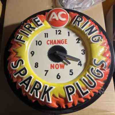 Vintage AC Delco Fire Ring Spark Plugs Lighted Clock Light Sign Dealer OK Clean