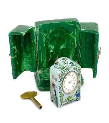 ZENITH 2041 SMALL ANTIQUE ENAMELED 925 SILVER CLOCK/ORIG CASE RUNS,CLEAN