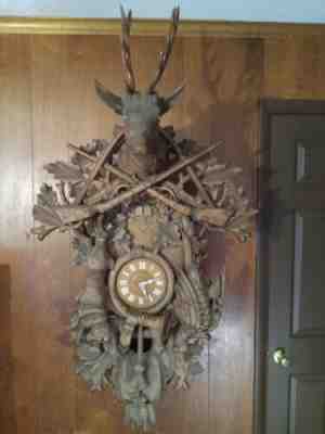 Cuckoo Clock Huge Vintage Hand Carved Black Forest Germany Hunter Stag Rabbit