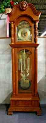 Vintage RIDGEWAY Grandfather Long Case 8-Day Clock. Hand Painted 3 Chimes. Works