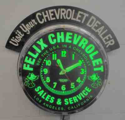 Felix Chevrolet, 1950 Advertising Style, DeLuxe With chrome Bezel, Neon Clock.
