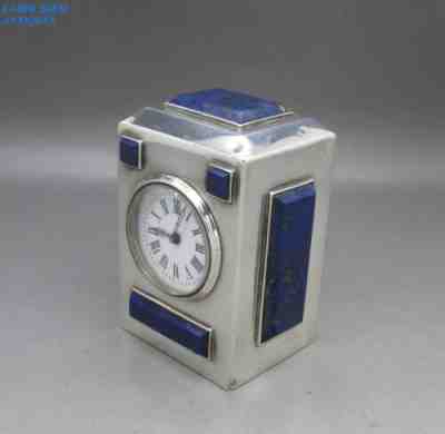 LUXURY C&G ASPREY 19thC SMALL SOLID SILVER & LAPIS LAZULI DESK CLOCK LONDON 1895