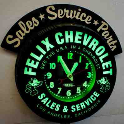 Felix Chevrolet Neon Clock 22", Green Neon, W/ Marquee! Curtis. USA