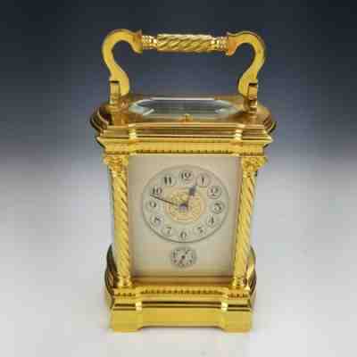 French Gold Gilt Bronze Repeater Carriage Clock with Alarm 19th Century
