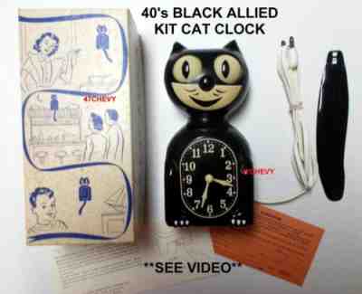 ANTIQUE 40s BLACK W BOX ALLIED ELECTRIC ORIGINAL KIT CAT KLOCK-KAT CLOCK-VINTAGE