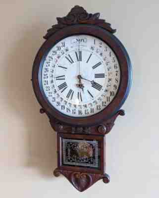 William Gilbert Office Drop Calendar Clock Round Antique late 1800s. Nice Works!