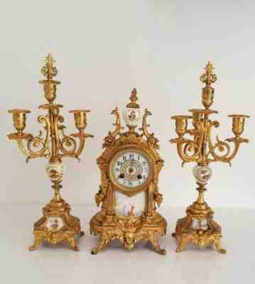 Antique French Gilt Clock Garniture Marti Et Cie Medaille Dâ??Argent 1889 H 15â?