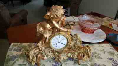 PH Mourey with Japy Feres clock, Garniture Cherub, 1861, Porcelain dial, works!