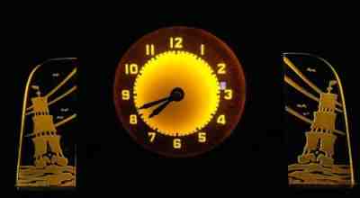 Lackner NASSAU Neon Glo Bakelite Electric Clock Sand Blasted Schooner Panels