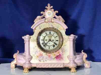 1882 ANTIQUE ANSONIA KEY WOUND,PORCELAIN CLOCK ,W 1755 GERMANY ROYAL BONN CASE