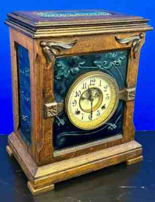 NEW HAVEN MANTLE CLOCK ~J & J.G. LOW ~ MAJOLICA ART TILE CLOCK~ RUNNING STRIKING