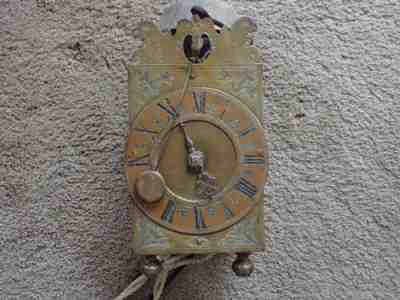 RARE THREE TRAIN LANTERN CLOCK, TWO BELLS, COW TAIL PENDULUM CROWN WHEEL BRACKET