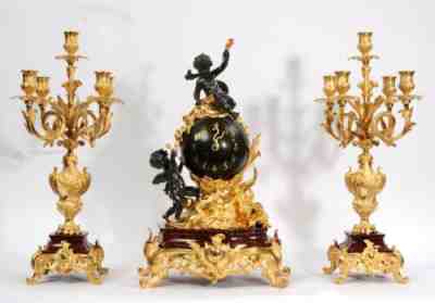 Exceptional Antique French Ormolu, Bronze and Red Marble Louis XV Clock Set