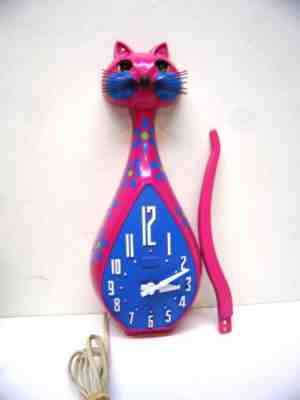 1950s Spartus Here Kitty Kitty Kitty Pink Flowered Hippie Cat Clock for Scott