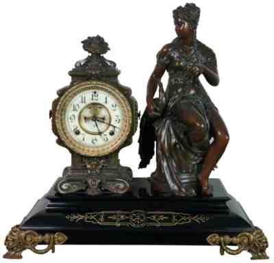 1881 Antique Ansonia Figural Bronze Woman Marble Mantel Clock Open Escapement