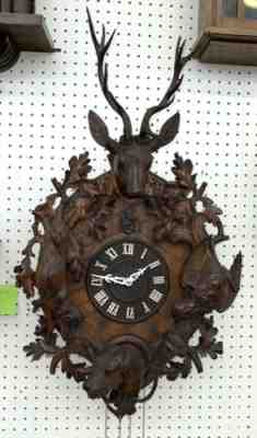 Large Antique German Black Forest Hunter & Spaniel Dog Cuckoo Clock, C-1870-90s