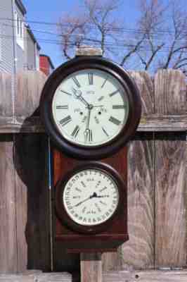 antique original B B Lewis weight driven double dial calendar wall clock running