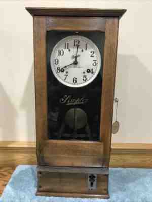 Antique Advertising Simplex Time Recorder Wall Clock Working Punch In Out Oak