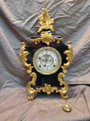 Restored Ansonia Antique Iron Mantel Clock w/Open Escapement Movement circa 1894