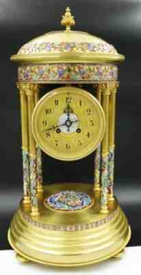 French Champleve Enamel Corinthian Columns Round Clock Signed by Japy Freres