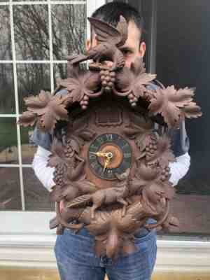 ANTIQUE LARGE BLACK FOREST CARVED CUCKOO/QUAIL CLOCK, FOX,GRAPE AND EAGLE THEME