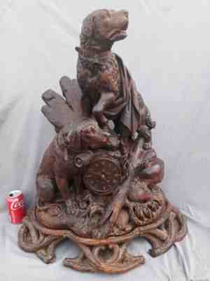 Antique Sport Dog Group Black Forest Wood Carving Clock 29"x24 Sculpture