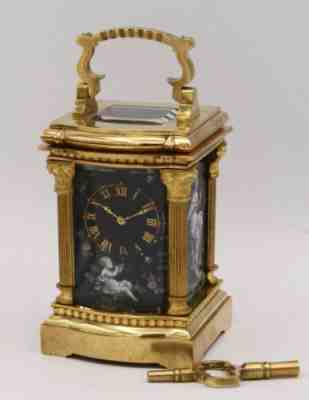 Miniature carriage clock. Bronze. Limoges enamel panels