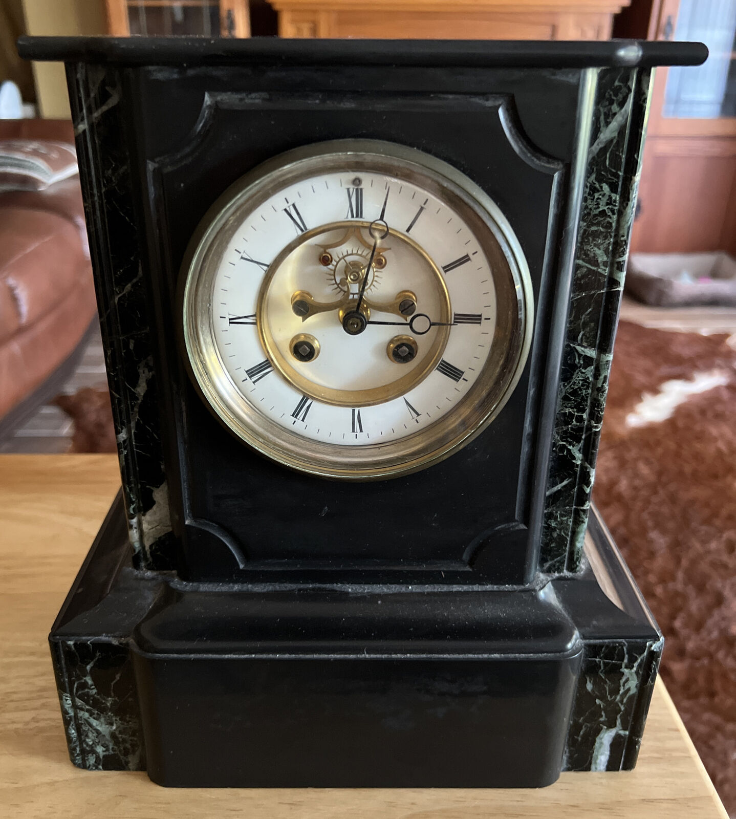 Antique @ 1867-89 French SAMUEL MARTI Black Slate & Green Marble Mantle Clock