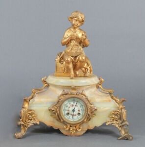 Antique Japy Freres et Cie Medaille D'Or Louis XVI Carved Onyx Mantle Clock