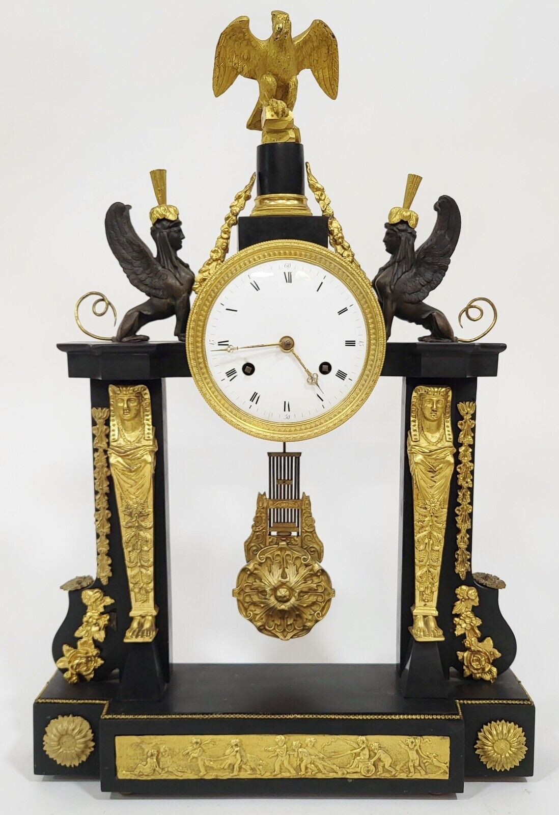 Antique FRENCH 19th C Black MARBLE & Bronze SPHINX King TUT PORTICO Mantle CLOCK